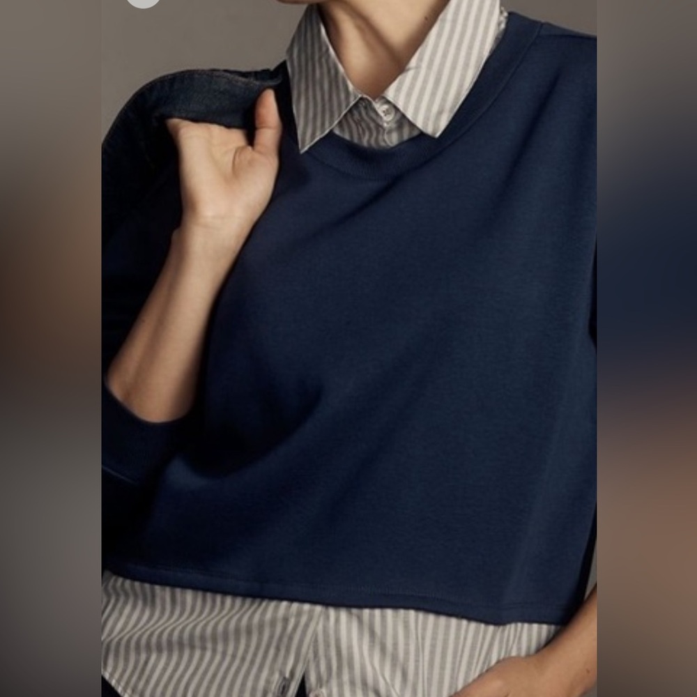 Maeve Navy Blue Top with Striped Collar